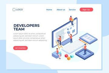 Engineer team at project development, template for developer. Coding develop,  programmer at computer or workstation for business. Concept with character, flat isometric vector illustration