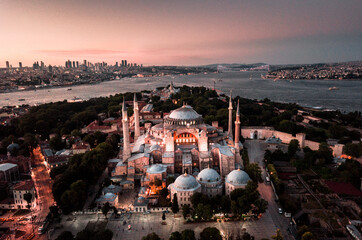 Canvas Print - Aerial shot of Holy Hagia Sophia Grand Mosque at a beautiful sunset