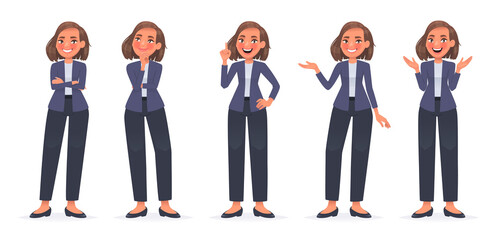 Business woman character set. A cute girl in a suit, a secretary or an employee of a company gestures and expresses emotions