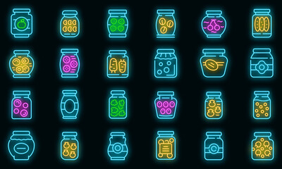 Wall Mural - Pickled products icons set. Outline set of pickled products vector icons neon color on black