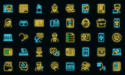 Sticker - Personal assistant icons set. Outline set of personal assistant vector icons neon color on black