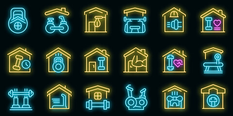 Poster - Home gym icons set. Outline set of home gym vector icons neon color on black