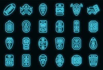 Wall Mural - Smart car key icons set. Outline set of smart car key vector icons neon color on black