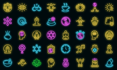 Sticker - Spiritual practices icons set. Outline set of spiritual practices vector icons neon color on black