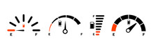 Fuel Gauge Scale And Fuel Meter. Fuel Indicator. Gas Tank Gauge. Speedometer, Tachometer, Indicator Icons. Performance Measurement. White Background. Vector Illustration. EPS 10