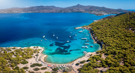 Wall Mural - panoramic aerial view of the popular beach of moni island, next to the village perdika on aegina isl