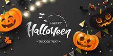 Happy Halloween Background With Glowing Pumpkins, Candy, Bat,coffin, Flags And Spiders.Flyer Or Invitation Template For Halloween Party. Vector Illustration