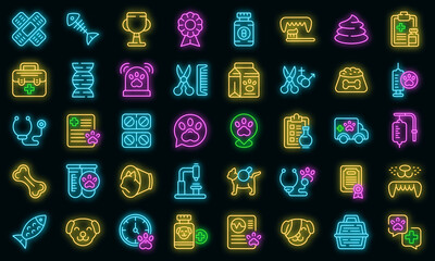 Poster - Veterinary clinic icons set. Outline set of veterinary clinic vector icons neon color on black