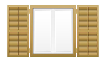 Window with shutters isolated on a white background. Vector illustration of wooden window shutter.