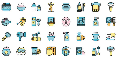 Canvas Print - Morning treatments icons set. Outline set of morning treatments vector icons thin line color flat isolated on white