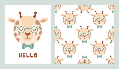 Wall Mural - Set cute poster and seamless pattern with giraffe face wearing glasses and bow tie and lettering Hello. Collection with animal in flat style for children clothing, textiles. Vector Illustration