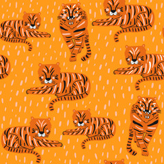 Seamless pink pattern with wild tigers and hand drawn elements. Creative animals texture for fabric, wrapping, textile, wallpaper, apparel. Vector illustration