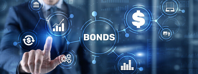 Wall Mural - Businessman clicks a bonds virtual screen. Bond Finance Banking Technology concept. Trade Market Network