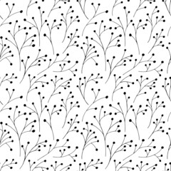 Wall Mural - Decorative nature floral seamless pattern. Hand-drawn, Black and white twigs of plants. Doodle, vector design elements.