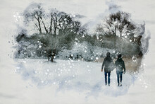 Watercolor Image Of Two People Hand In Hand Walking In Winter Landscape With Naked Trees And Snow Flakes. Computer Generated Illustration.