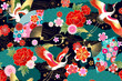 Seamless pattern with floral motives and cranes