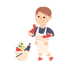 Canvas Print - Cute Boy Doing Housework and Housekeeping Wearing Gloves and Using Detergents Vector Illustration