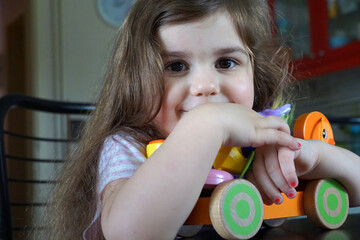 Adorable little brunette girl looking into the camera with a toy in hands