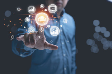 Businessman touching to the virtual cloud computing with copy space to upload, download the application, and transfer data information. Internet, Networking, technology transformation concept.