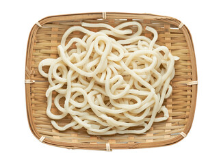 top view or flat lay udon noodle in wood bowl isolated on white background with clipping path                                                                    