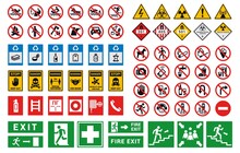 Safety Sign. Factory And Construction Health Or Security Caution Symbols. Bright Hazard Attention And Evacuation Notices. Entrance Prohibited Stickers Mockup. Vector Warning Icons Set