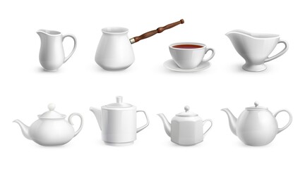 Wall Mural - Realistic tea crockery. White porcelain tableware. Ceramic utensil for coffee cooking. Various teapots and cup with plate. Household milk jug and cezve. Vector drinking dinnerware set