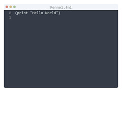 Fennel language Hello World program sample in editor window