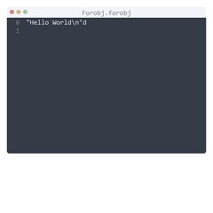 Forobj language Hello World program sample in editor window