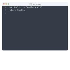XQuery language Hello World program sample in editor window
