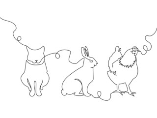 Wall Mural - Domestic animals one line set. Continuous line drawing of cat, rabbit, hare, chicken.