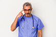© Asier - Middle age nurse caucasian man isolated on white background  pointing temple with finger, thinking, focused on a task.