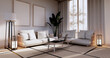© Interior Design - Cabinet in Living room with tatami mat floor and sofa armchair design.3D rendering
