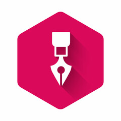 Sticker - White Fountain pen nib icon isolated with long shadow background. Pen tool sign. Pink hexagon button. Vector