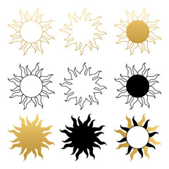 Wall Mural - Various abstract sun. Set of boho sun icons. Golden gradient color. Wicca, alchemy, mystical, magic, celestial, esoteric, sacred, spiritual, occultism inspired concept. Hand drawn vector.