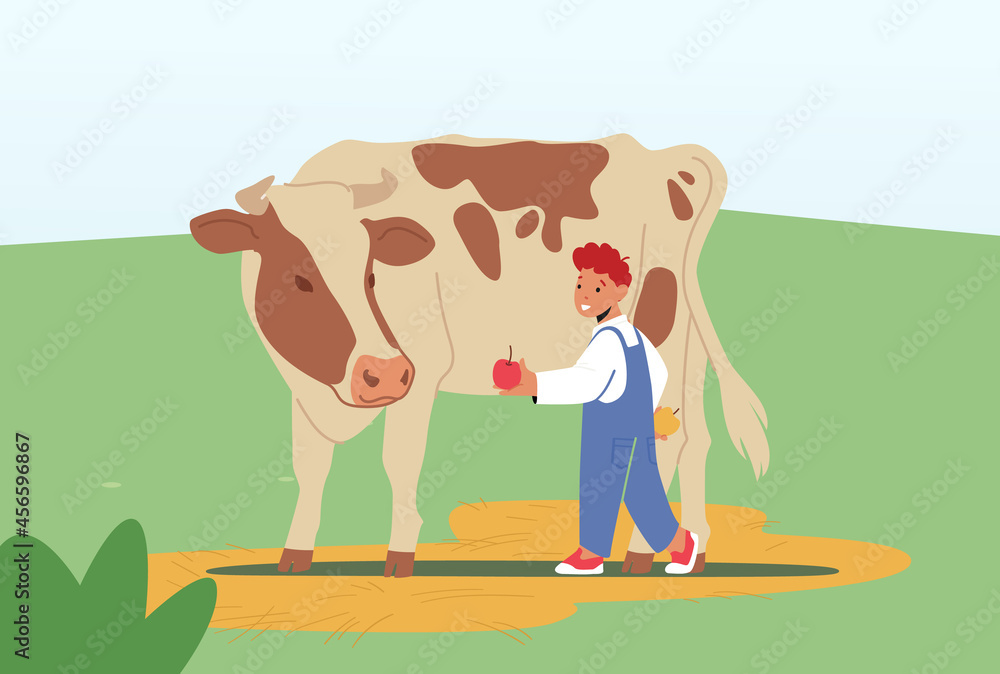 Cheerful Kid Feeding Cute Cow at Farm or Outdoor Zoo Park. Little Boy ...