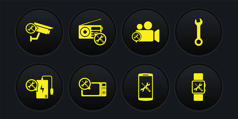 Poster - Set Power bank service, Wrench, Microwave oven, Smartphone, Video camera, Radio, Smartwatch and Security icon. Vector