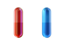 Two Medical Pills From The Matrix, Red And Blue Drug Gel Capsules Isolated On White Background. The Right Choice Metaphor, Important Decision Symbol Concept, Red Pill And Blue Pill 3d Illustration