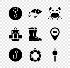 Poster - Set Fishing hook, lure, Crab, Lifebuoy, float, Hiking backpack and boots icon. Vector