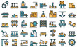Serial production icons set outline vector. Industrial batch. Mass machinery