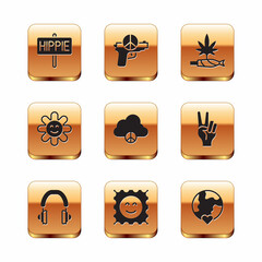 Sticker - Set Peace, Headphones, LSD acid mark, cloud, Flower, Marijuana joint, spliff, The heart world - love and No war icon. Vector