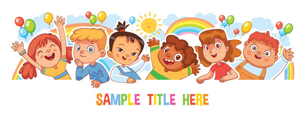 Happy children holding poster. Funny cartoon character. Isolated on white background