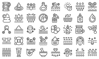 Wall Mural - Collagen icons set outline vector. Acid skincare. Hair oil