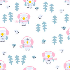 Hand drawn winter seamless pattern with owls, birds and christmas trees. Perfect for T-shirt, textile and prints. Cartoon style vector illustration for decor and design.
