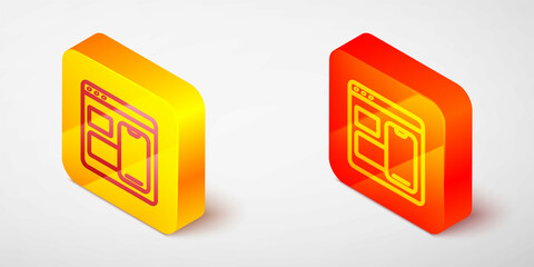 Isometric line Software, web developer programming code icon isolated on grey background. Javascript computer script random parts of program code. Yellow and orange square button. Vector