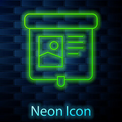 Sticker - Glowing neon line Projection screen icon isolated on brick wall background. Business presentation visual content like slides, infographics and video. Vector