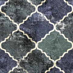 Wall Mural - Seamless Moroccan Tile Mosaic Grungy Pattern for Surface Print. High quality illustration. Ornate distressed tribal bohemian geometry swatch in perfect repeat. Geometric textile design.