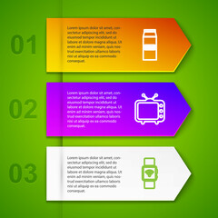 Wall Mural - Set line Paper package for milk, Television tv, Smartwatch with wireless and Clipboard document. Business infographic template. Vector