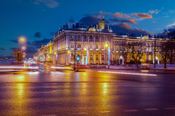 Wall Mural - Saint Petersburg night. Cities of Russia. Hermitage on winter evening. Night landscape Saint Petersburg. Petersburg with effect of movement. Winter Palace Hermitage on Christmas Eve. Russia new year
