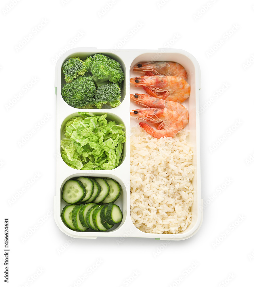 Container with tasty rice, vegetables and shrimps on white background