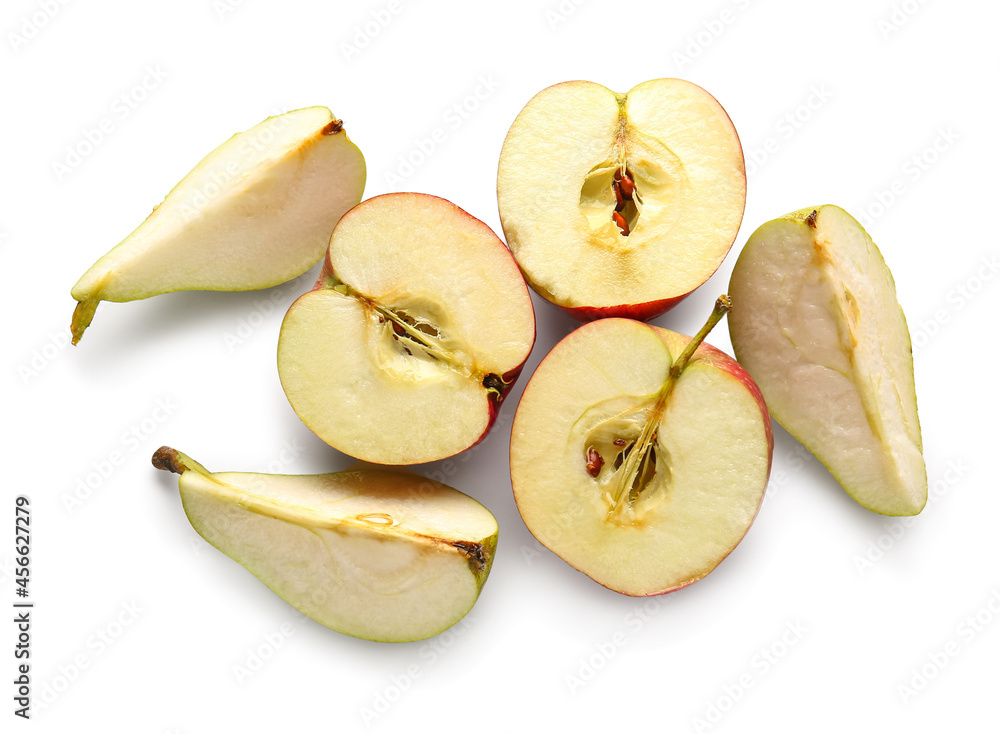 Tasty cut pear and apple on white background